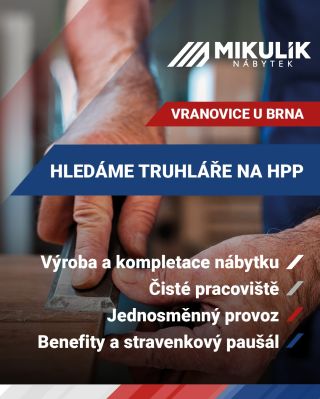 🚨 HLEDÁME TRUHLÁŘE na HPP do dílny ve VRANOVICÍCH u Brna🚨 Vaší prací bude: 👉 výroba a kompletace nábytku, 👉 práce v čistém...