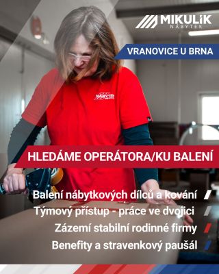 📦 Hledáme posilu do týmu! Do rodinné firmy Nábytek Mikulík hledáme OPERÁTORA/OPERÁTORKU BALENÍ, který/á se rád/a zapojí do...